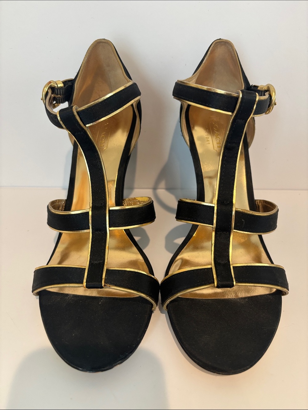 COACH Trixy Black Satin & Gold Trim Strappy Wedge Sandals sz 7